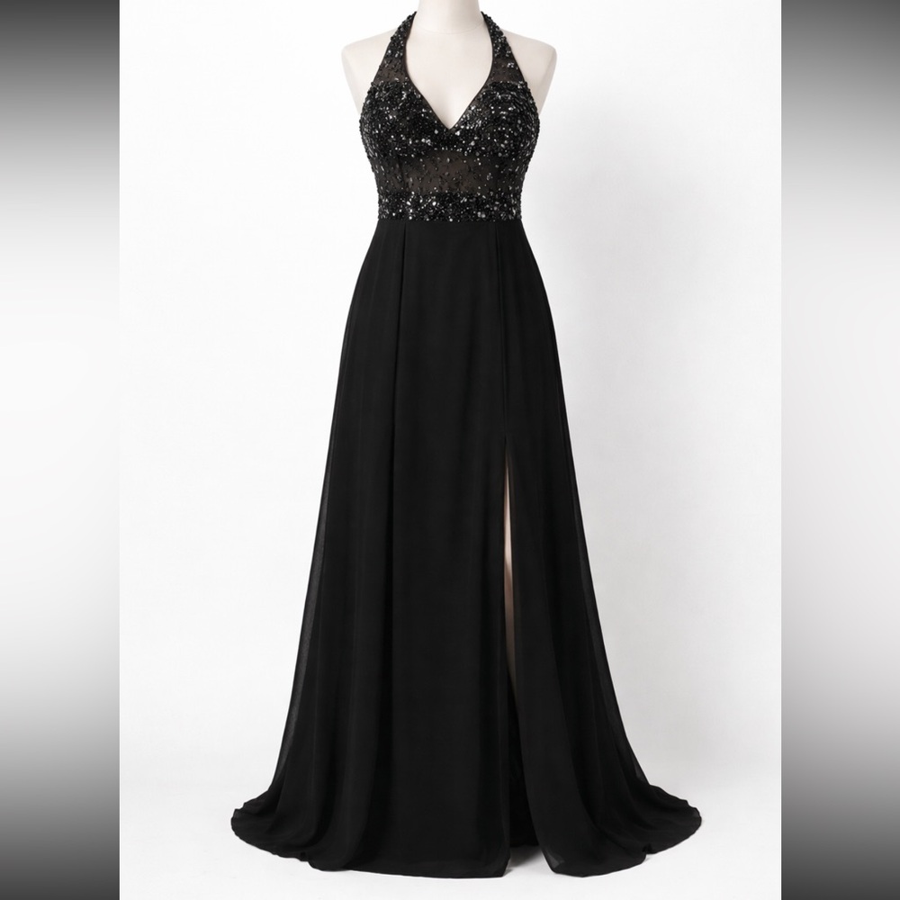 Flori Design Black Beaded Halter Evening Gown Y2K Formal Dress